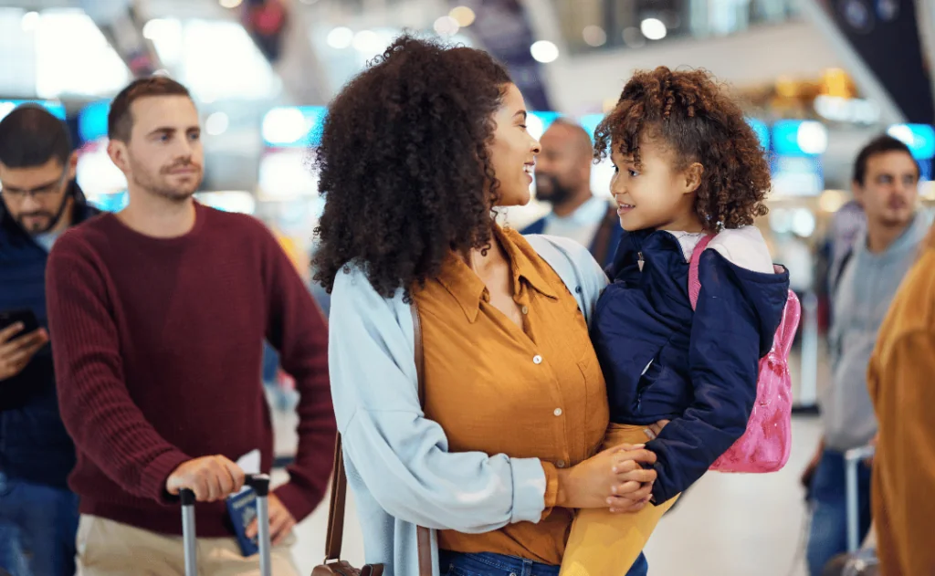 Airport, happy mother and girl at international flight check for plane board or airplane ticket payment. Happy mom, child and family waiting at gate for air travel and security before.