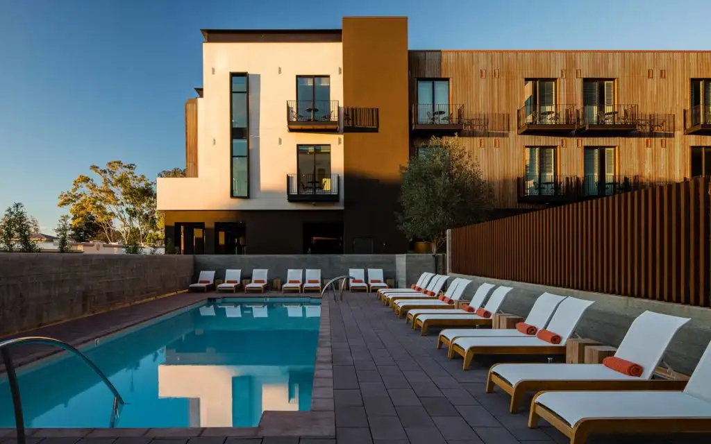 Rooftop pool at sunset at Hotel Slo in San Luis Obispo, California