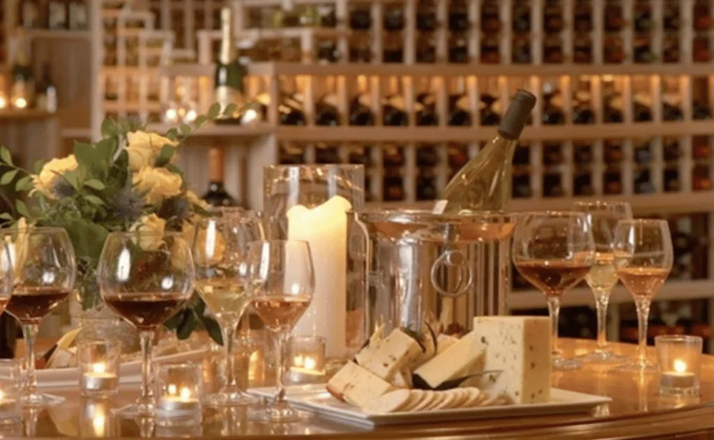 Photo of wine cellar with plated cheese and wine in the foreground