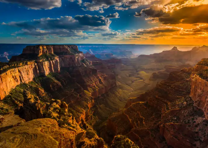 View from a North Rim lookout at the Grand Canyon during sunset