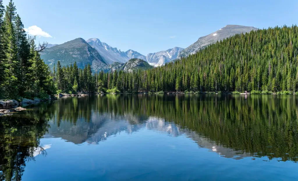 Bear Lake and surrounding mountains and trees at Rocky Mountains National Park