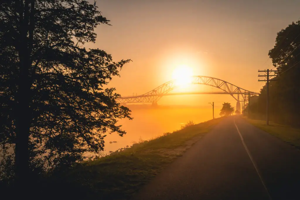 Shining Sea Bikeway and Borne Bridge on Cape Code at sunset