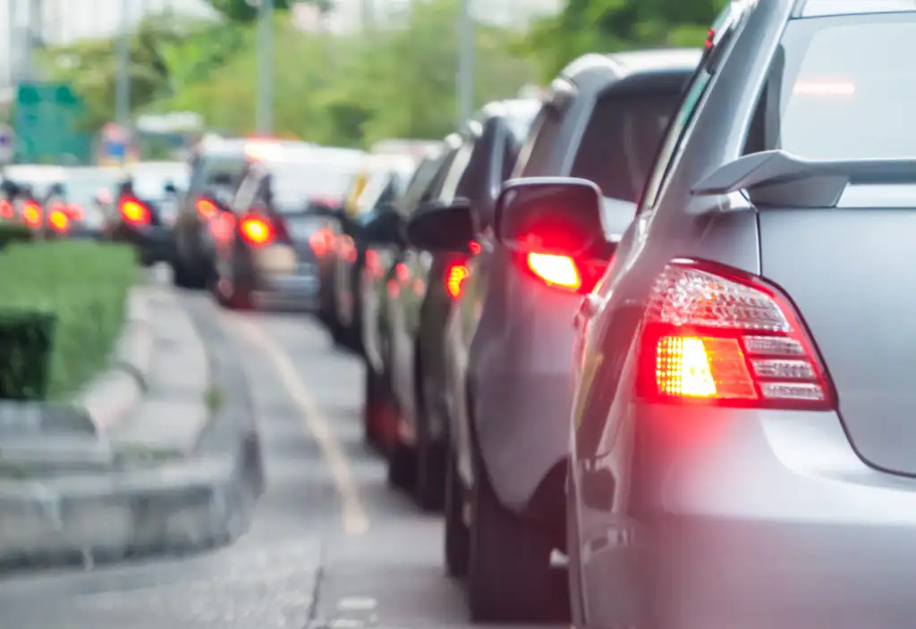 Line of cars idling in traffic