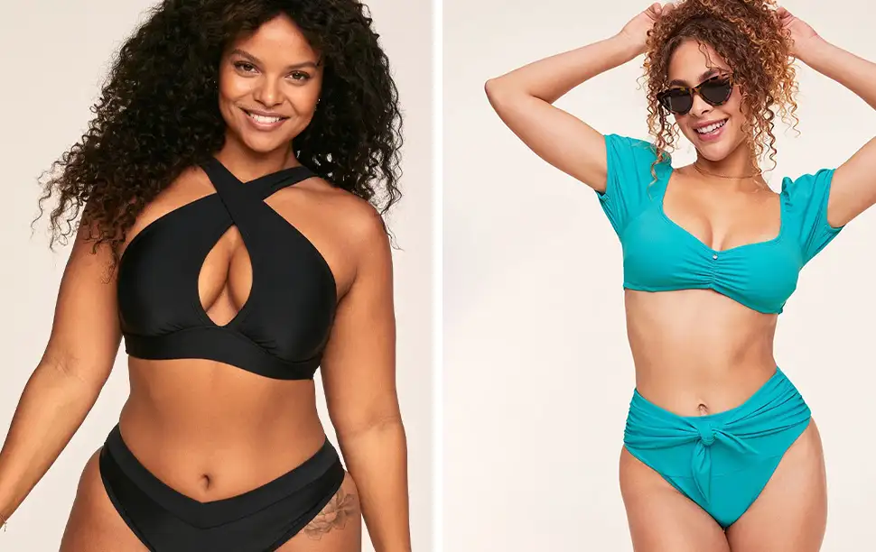 Two models wearing bikinis from Adore Me's swim collection