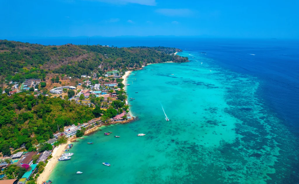 Aerial view Koh Phi Phi Don island in Andaman Sea from drone in Province of Krabi, Thailand