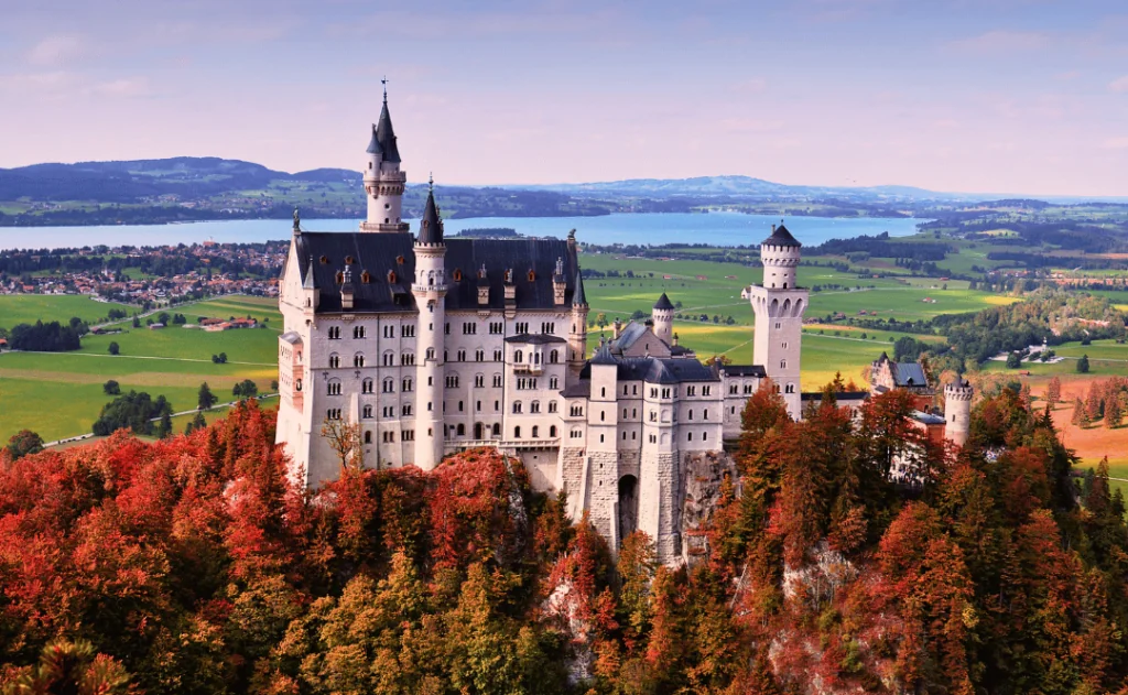 Amazing view to the Neuschwanstein castle on the rock in autumn. Bavaria, Germany.