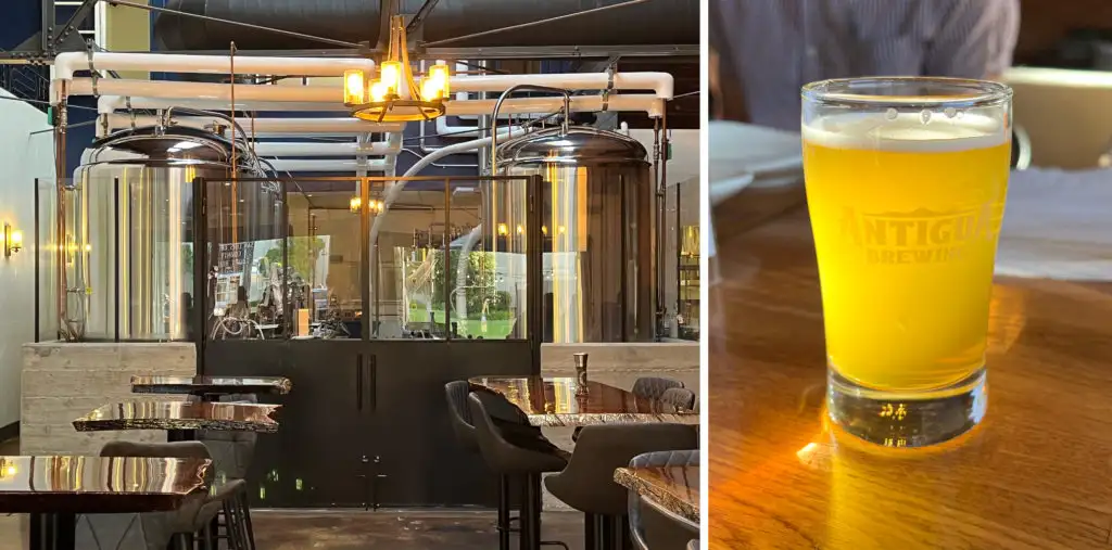 Vats and brewing equipment at Antiguq Brewing in San Luis Obispo, California (left) and close up of a glass of beer from Antigua Brewing (right)