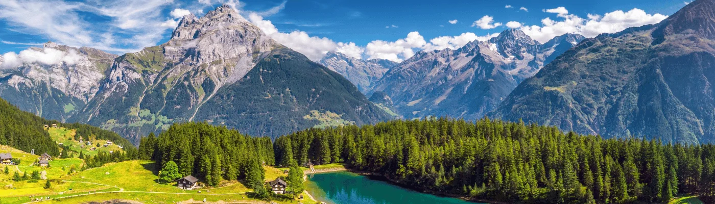 Arnisee with Swiss Alps. Arnisee is a reservoir in the Canton of Uri, Switzerland, Europe