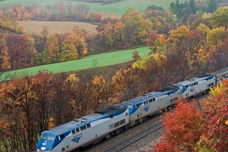 Amtrak train passing through fall foliage