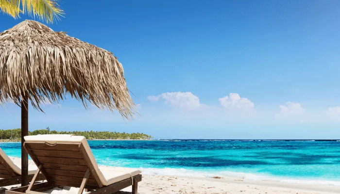 Caribbean Palm Beach With Wooden Chairs And Straw Umbrella - Idyllic Island