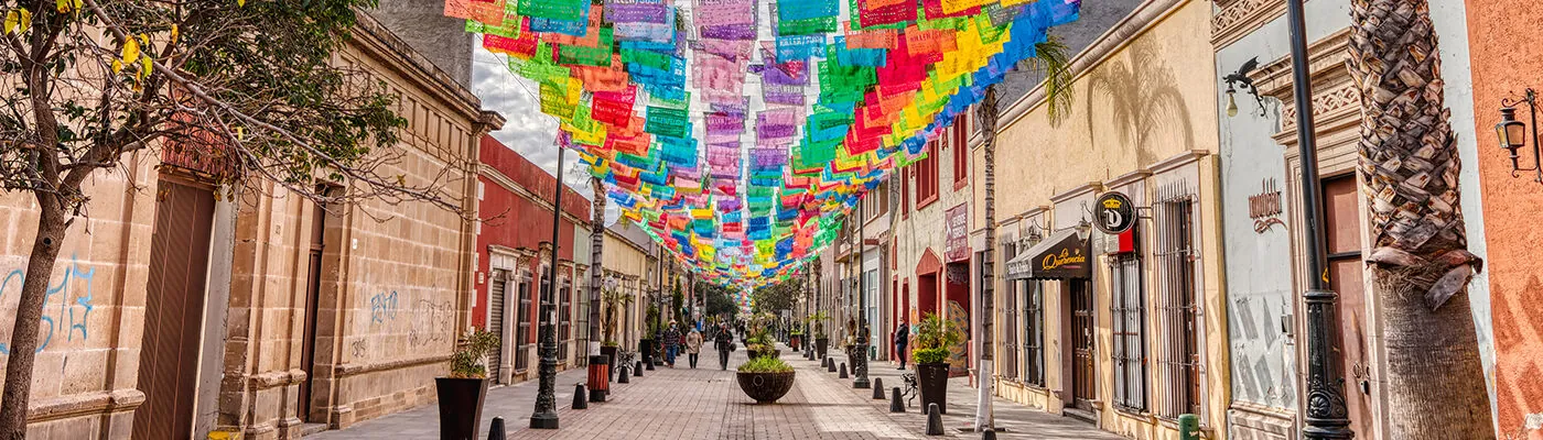 Street with colorful flags in Durango, Mexico, Historical Center