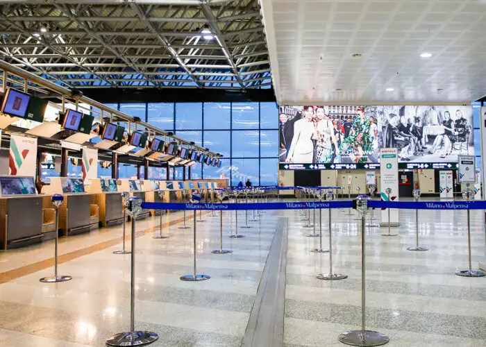 A view of the empty check-in counters at Milano Malpensa MPX Airport on March 07, 2020 in Ferno, Italy.