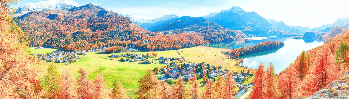 Fall in the alps, panorama over Sils im Engadin (Segl) village and Sils lake(Silsersee)