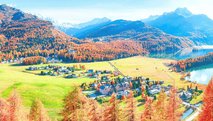 Fall in the alps, panorama over Sils im Engadin (Segl) village and Sils lake(Silsersee)