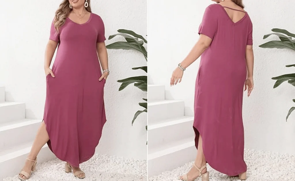 HBEYYTO Women's Plus Size Maxi Dresses V Neck Casual Short Sleeve Loose Pocket Slits Long Dress 