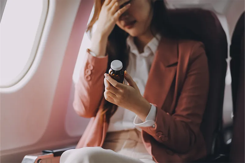 Woman holding a bottle of pills on a plane