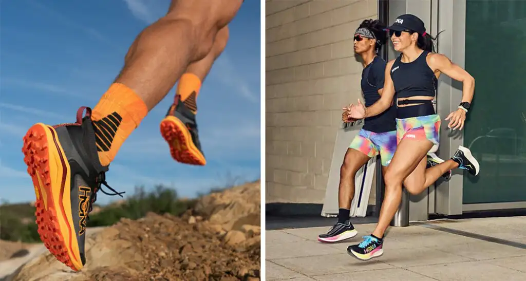 Close up of person jumping with HOKA shoes (left) and two people jogging wearing HOKA shoes (right)