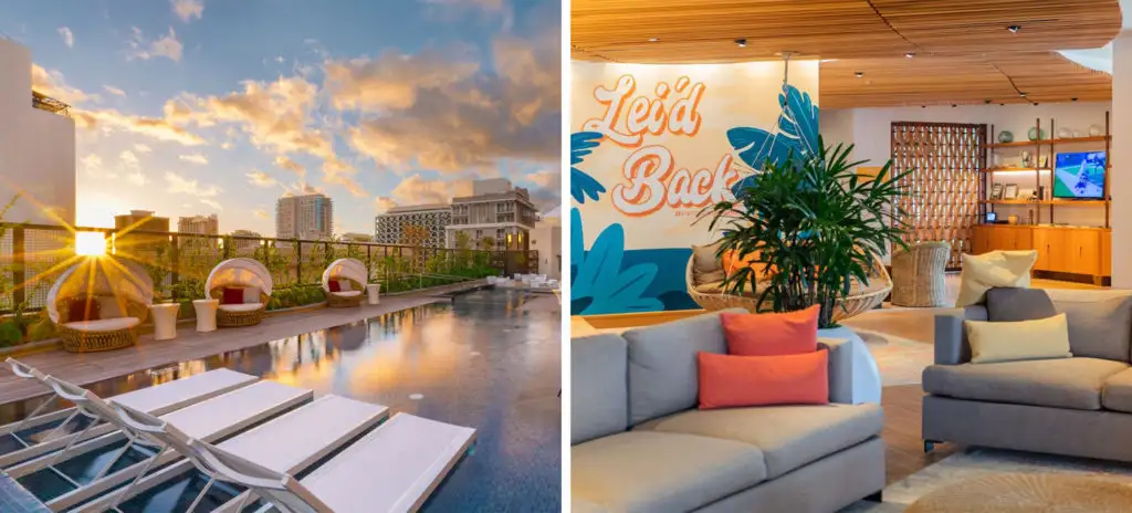 Pool area at the Hyatt Centric at sunset (left) and interior lobby area (right)