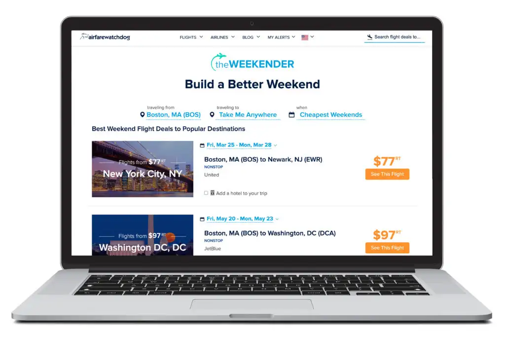An open laptop showing the homepage of Airfarewatchdog Weekendr, a travel booking site