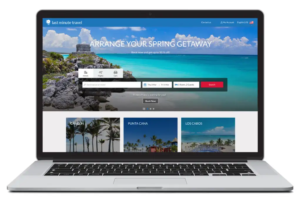 An open laptop showing the homepage of Last Minute Travel, a last minute travel booking site