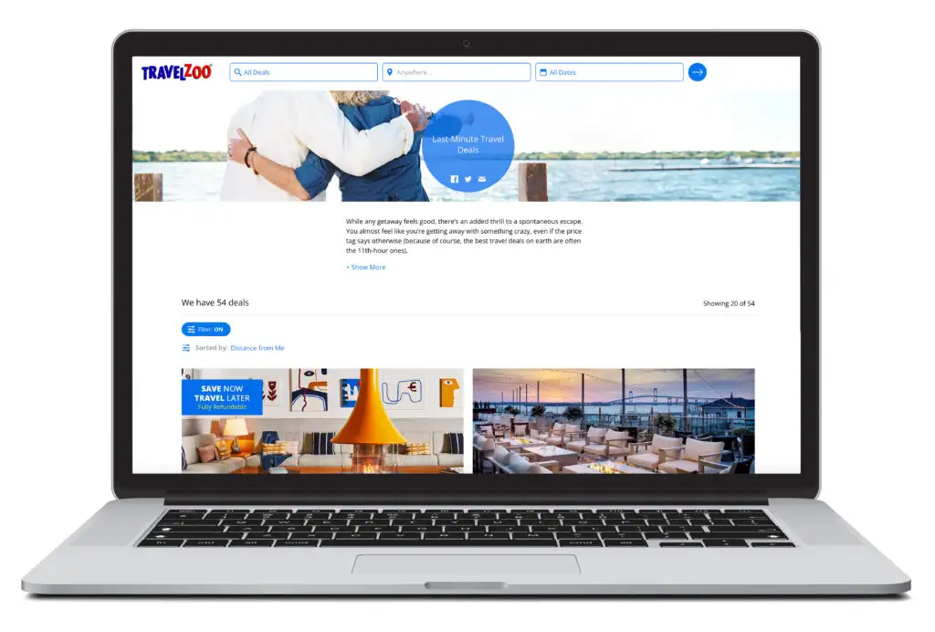 An open laptop showing a search page of TravelZoo, a site where you have the option to make a last minute booking