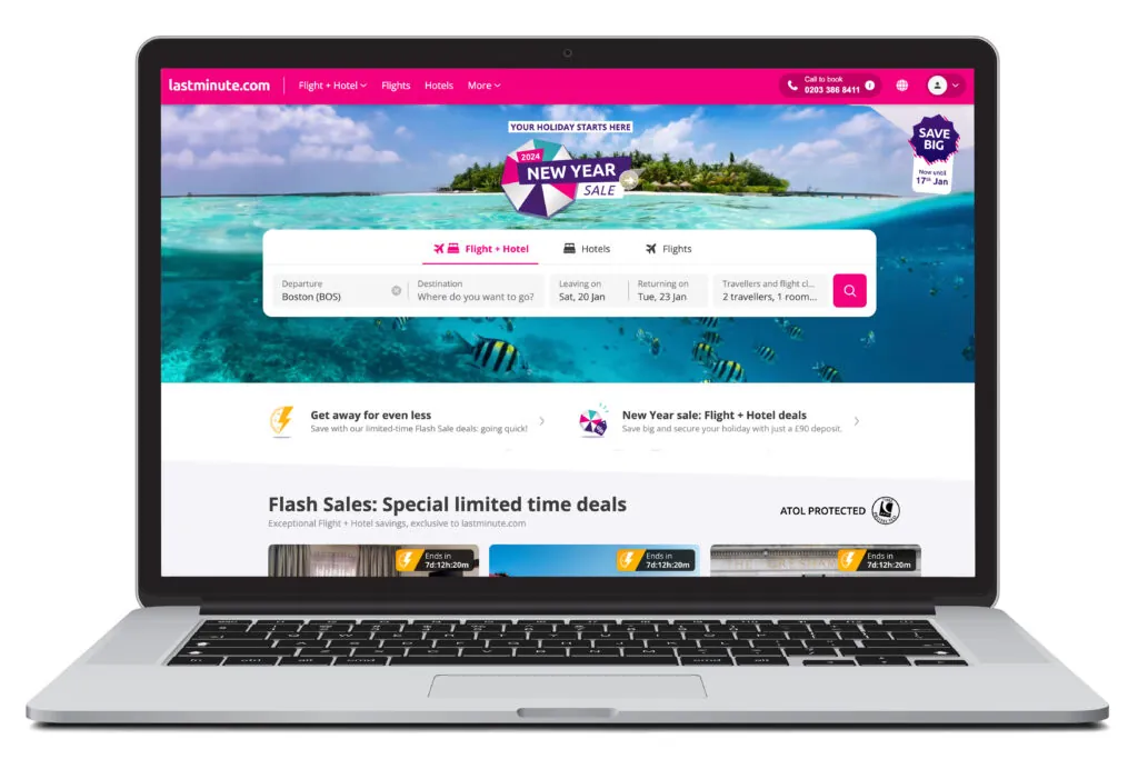 Open laptop showing homepage of LastMinute.com, a place where you can book last minute travel