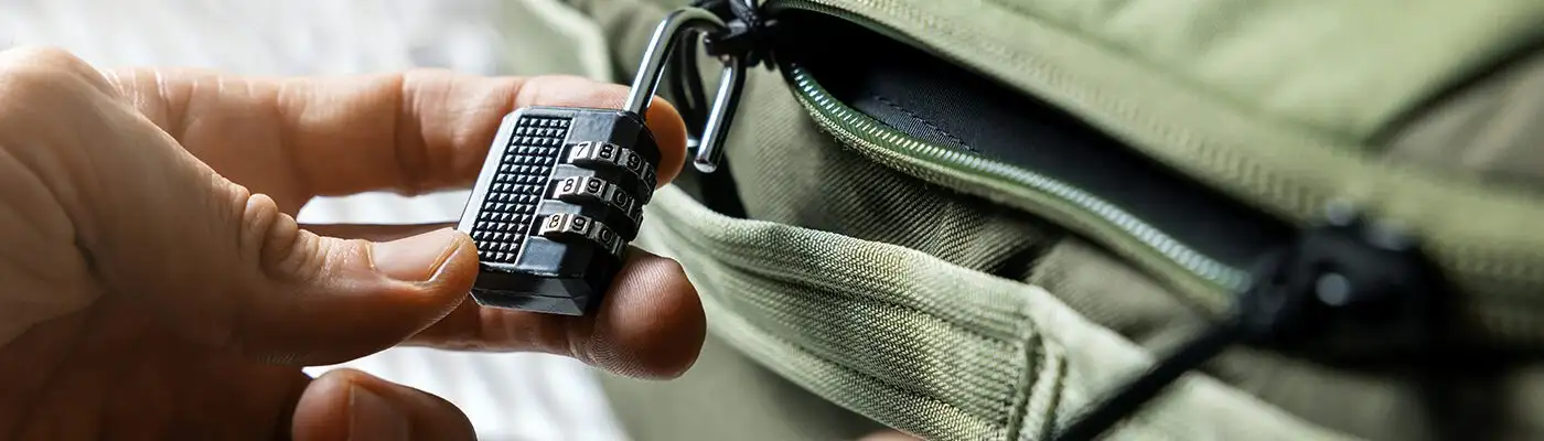 Close up of person locking green suitcase with luggage lock