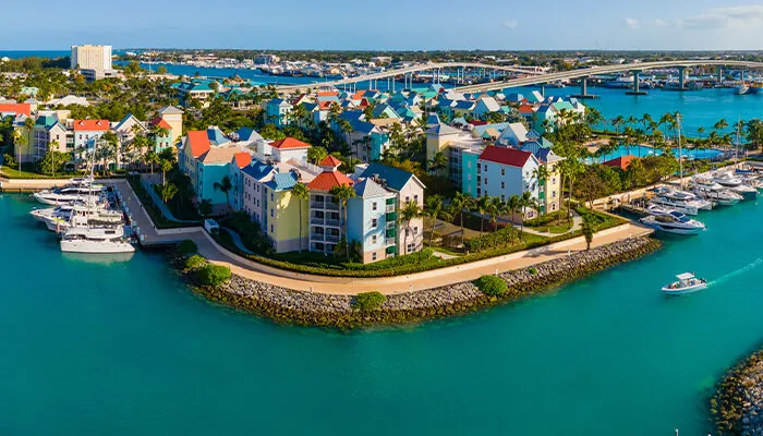 Harborside Villas aerial view and Paradise Island Bridge at Nassau Harbour, from Paradise Island, Bahamas.