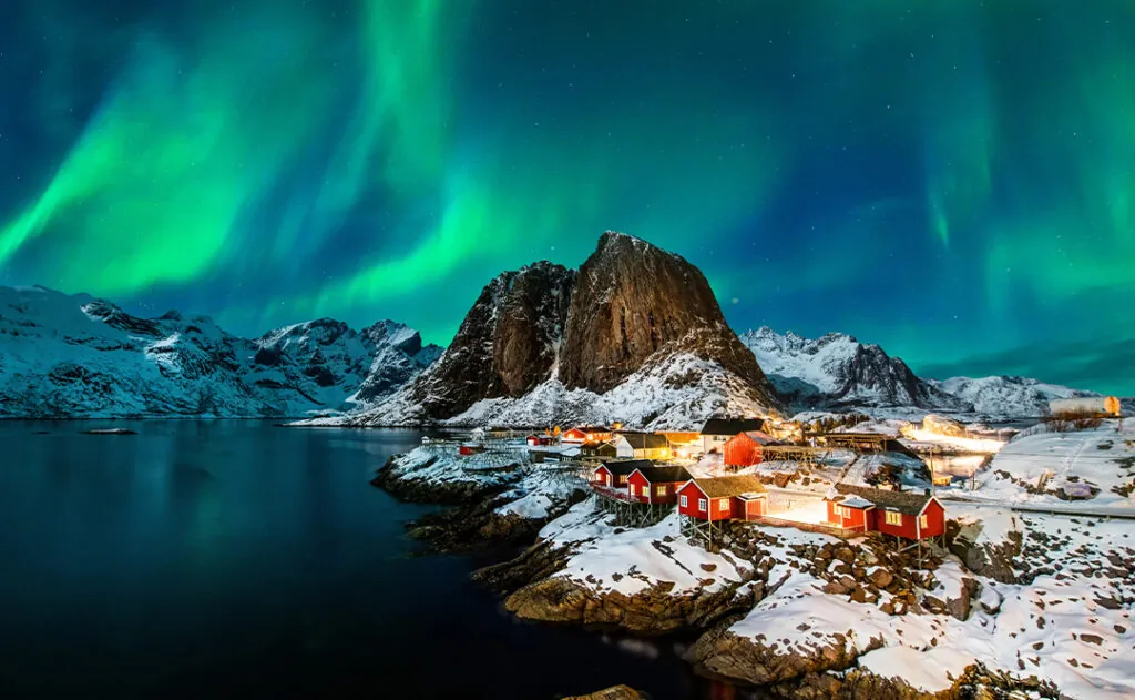 Aurora borealis over Hamnoy in Norway