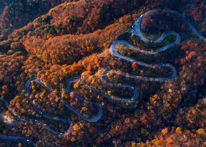 Irohazaka Winding Road in Nikko, Japan, fall foliage.