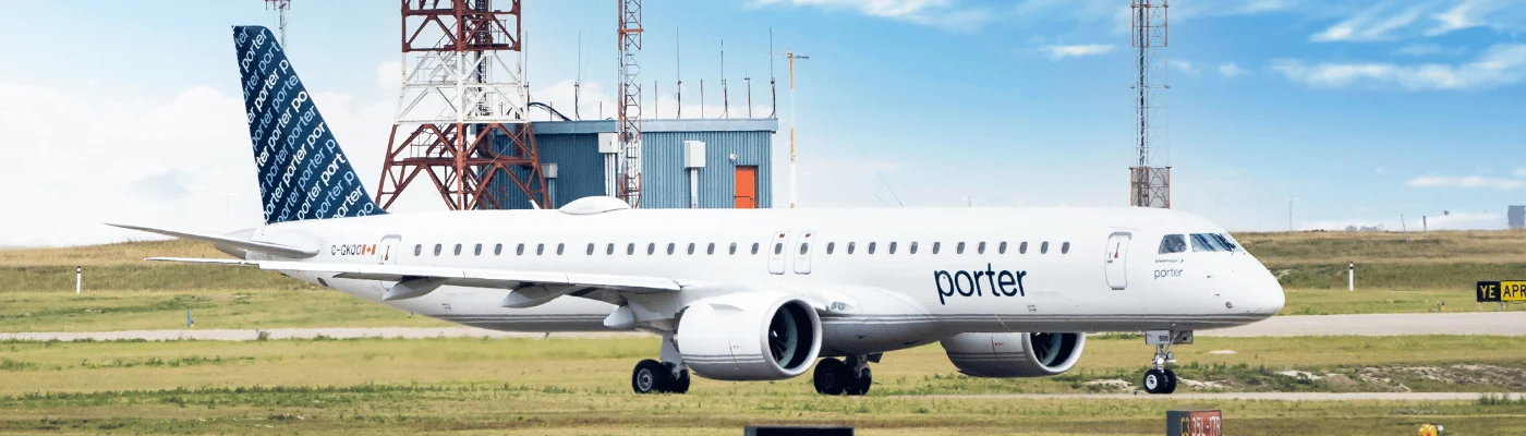 Calgary Alberta Canada, September 17 2023: Porter Airlines aircraft taxiing beside a take off runway at Calgary International Airport