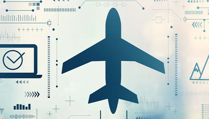 Graphic of an airplane and several travel symbols projected on a screen