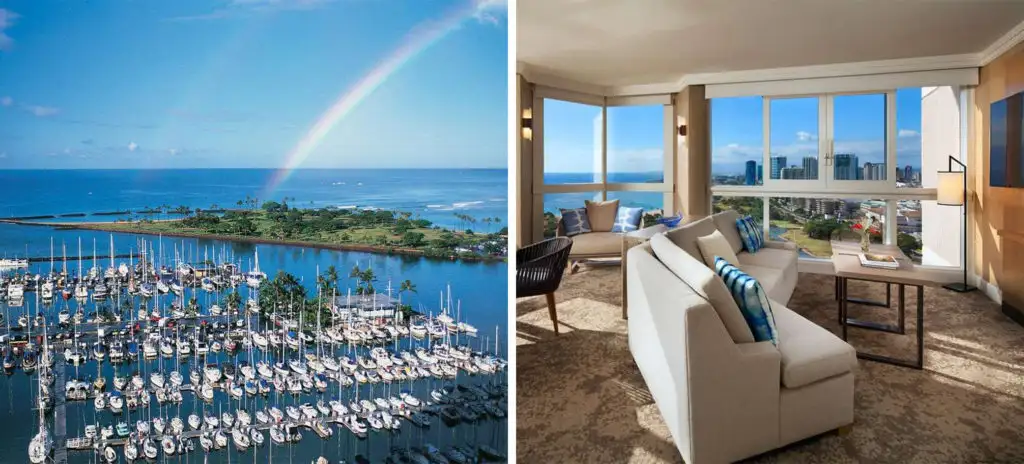 Rainbow over a marina full of boats (left) and interior of lounge area overlooking the city skyline (right)