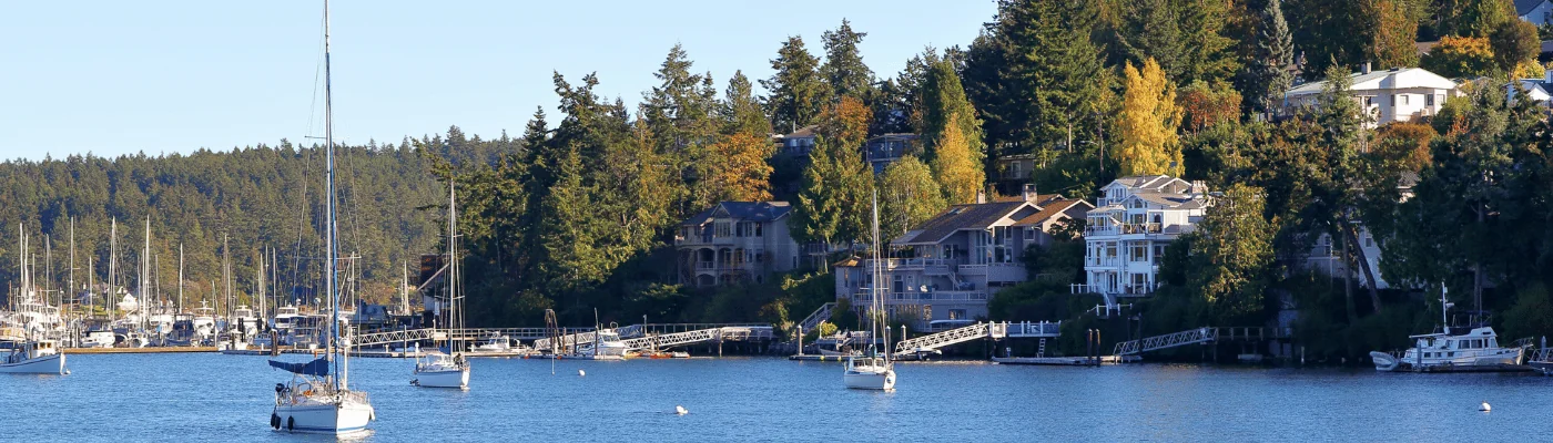 San Juan Islands, Washington. Scenic view of boats and houses on the hillside.