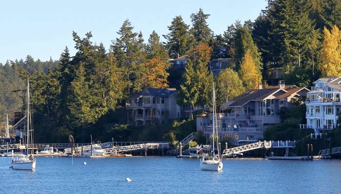 San Juan Islands, Washington. Scenic view of boats and houses on the hillside.