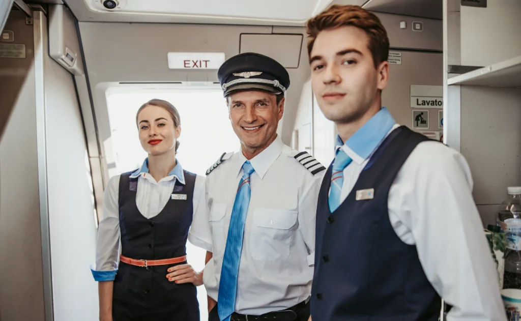 Smiling pilot with flight attendants standing on airplane board