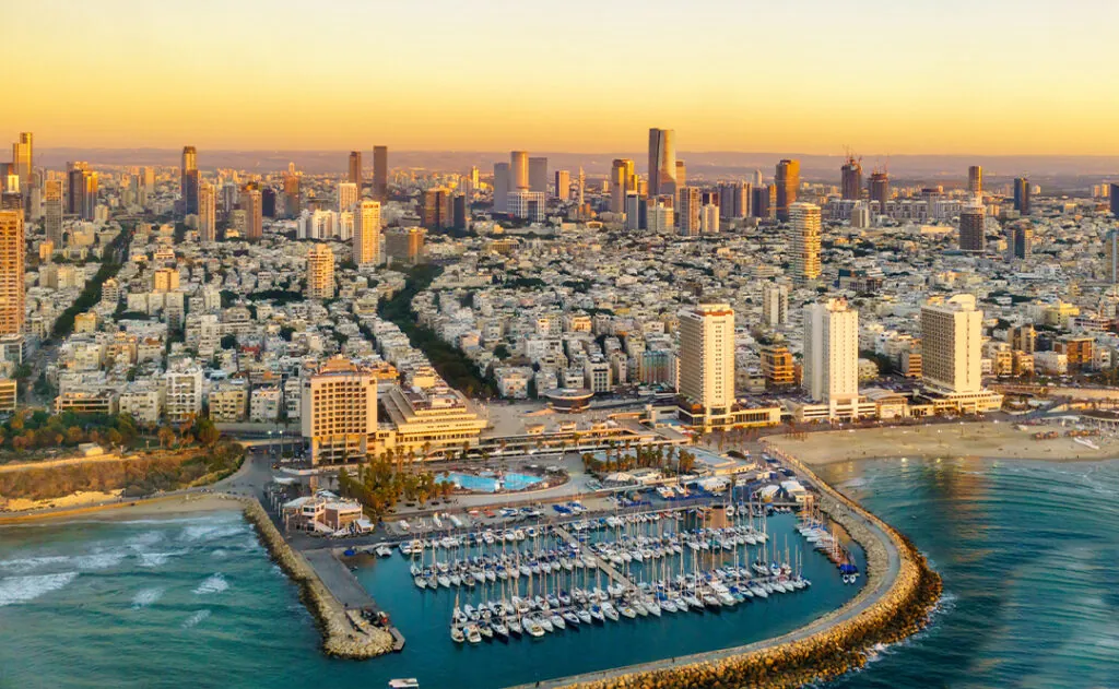 Aerial view of Mediterranean Seashore of Tel Aviv, Israel.