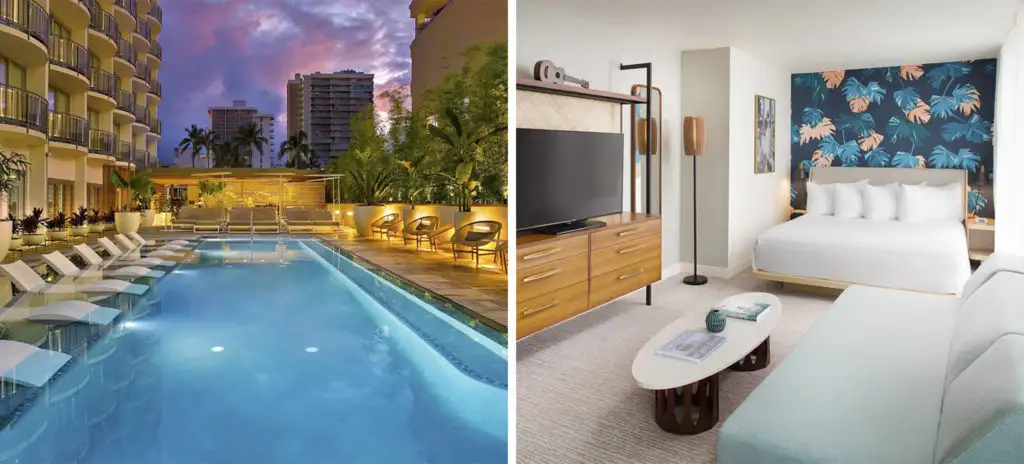 Pool area at The Laylow at dusk (left) and interior of a bedroom (right)