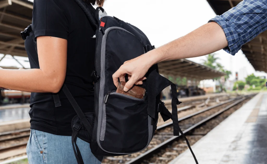 Thief stealing tourist's wallet out of their backpack at the train station