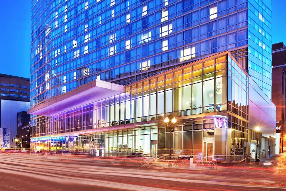 Exterior of the W Boston at night in Boston, Massachusetts, United States